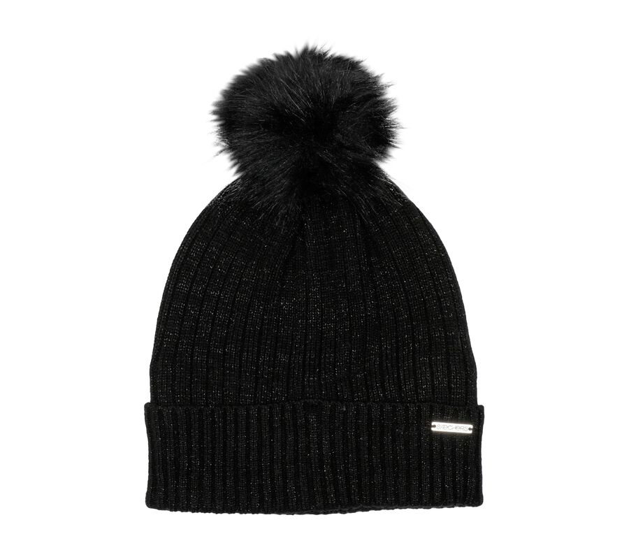 Metallic Ribbed Beanie Hat, BLACK, largeimage number 0